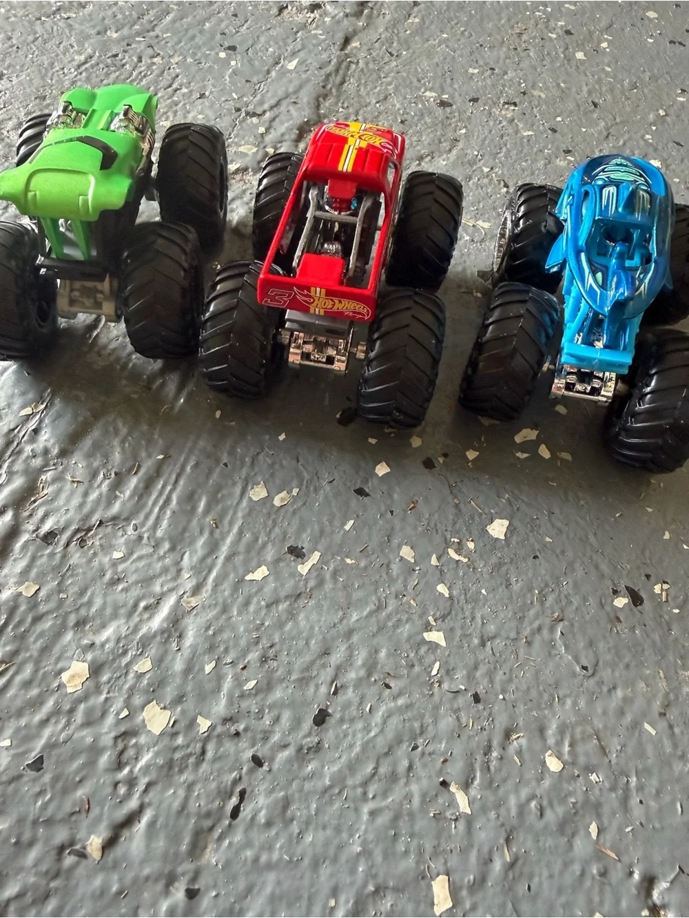 Hot Wheels Monster Trucks collection green Race Ace, Demo Derby and shark wreck